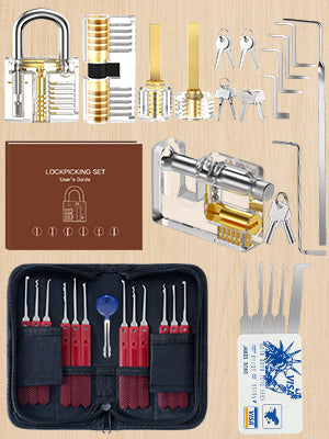Overhead view of the practice-kit tools, transparent locks, keys and storage roll