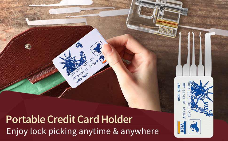 Supplied landscape banner showing the compact card-style tool holder beside the transparent practice lock