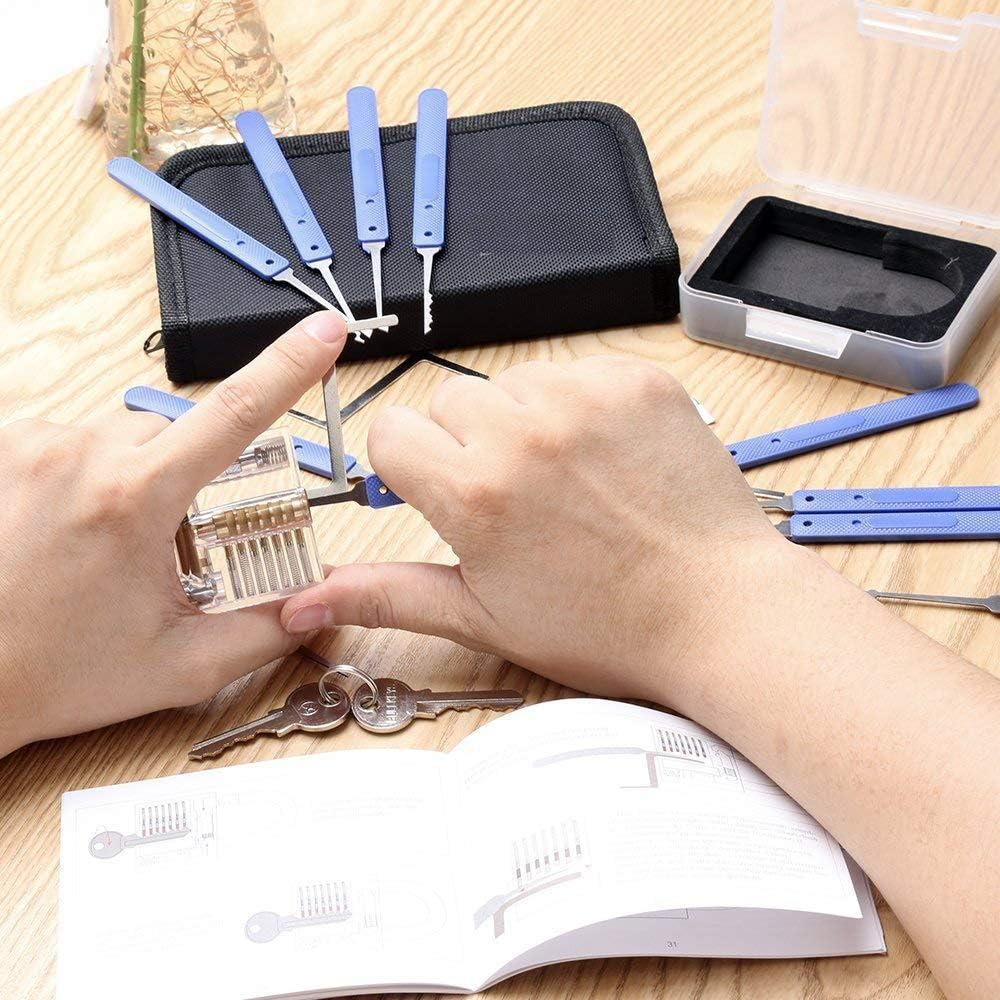 Hands using blue-handled lock picks with a transparent practice lock and printed guide