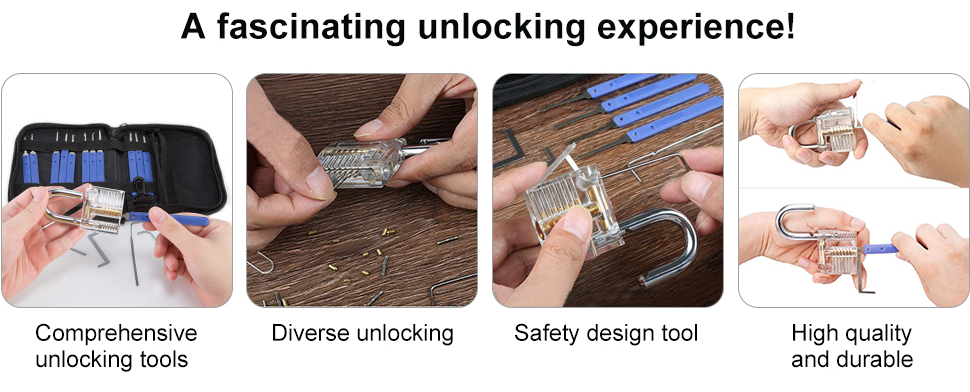 Blue-handled lock pick set with storage pouch and transparent practice lock