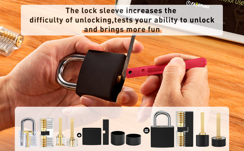 Black lock sleeve fitted over a transparent practice lock, with four lock and sleeve pairs shown below