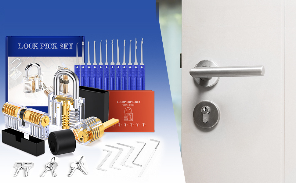 Blue-handled lock pick set with transparent practice locks, storage sleeves, guide and keys beside a door lock