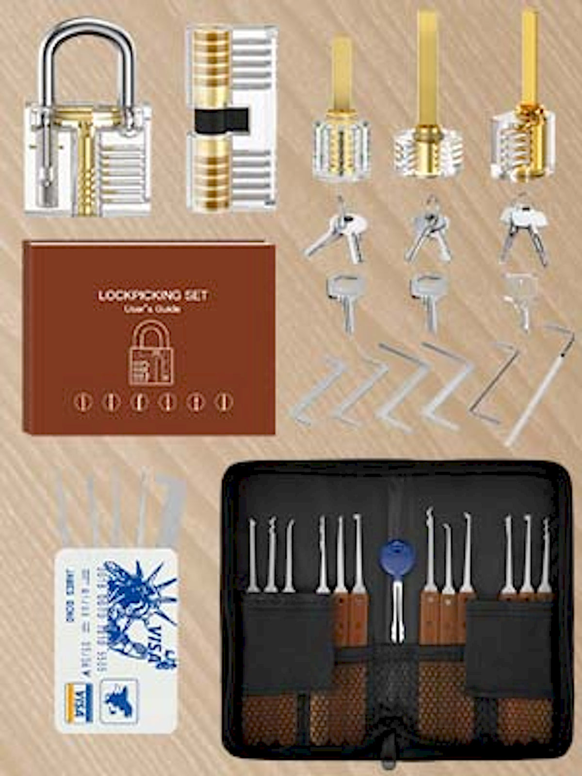 Double-Row kit assortment with brown-handled tools, five transparent practice locks, keys, printed guide and storage case