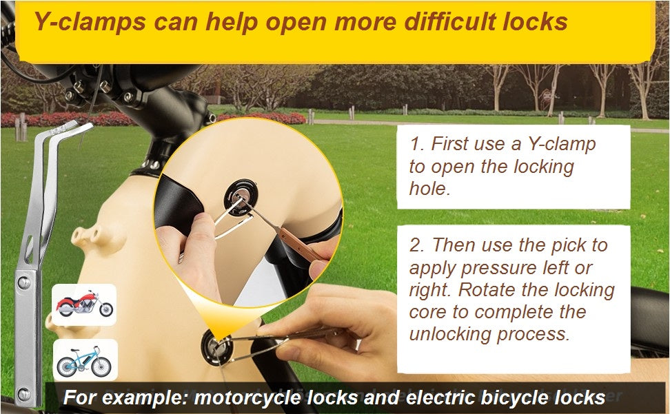 English Y-clamp guide showing how the supplied tool can be positioned on compatible practice locks