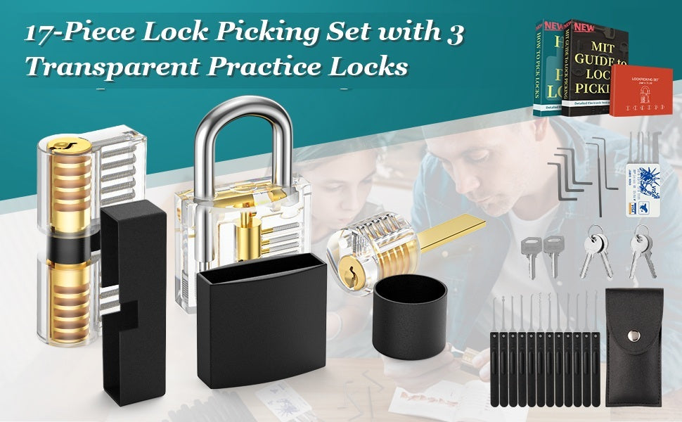 English 17-piece kit overview banner with three transparent practice locks, sleeves, tools, case and reference materials
