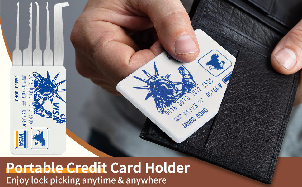 Portable card-style tool holder shown beside a wallet for scale