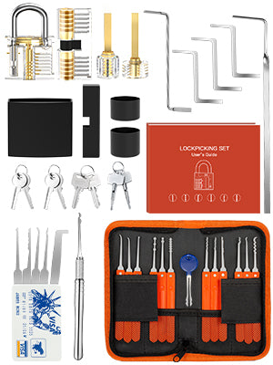 Orange-handled tools, four transparent practice locks, sleeves, keys and storage arranged together