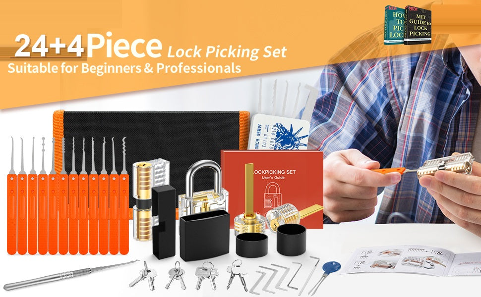 User-provided 24+4 Piece English Orange kit overview with the handled tools, four transparent locks, sleeves and accessories