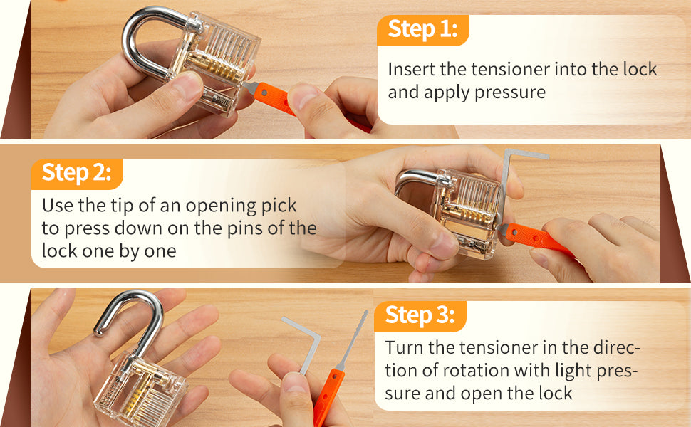 Complete three-step demonstration with numbered panels using the supplied transparent practice padlock