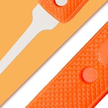 Close-up of the textured orange handles and stainless-steel tool shafts