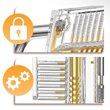 Close-up of the metal pin chambers and cylinder inside a transparent practice lock