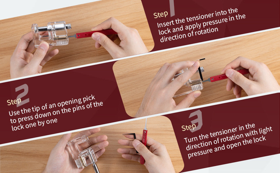 Supplied three-panel demonstration banner showing practice with the transparent square-profile lock