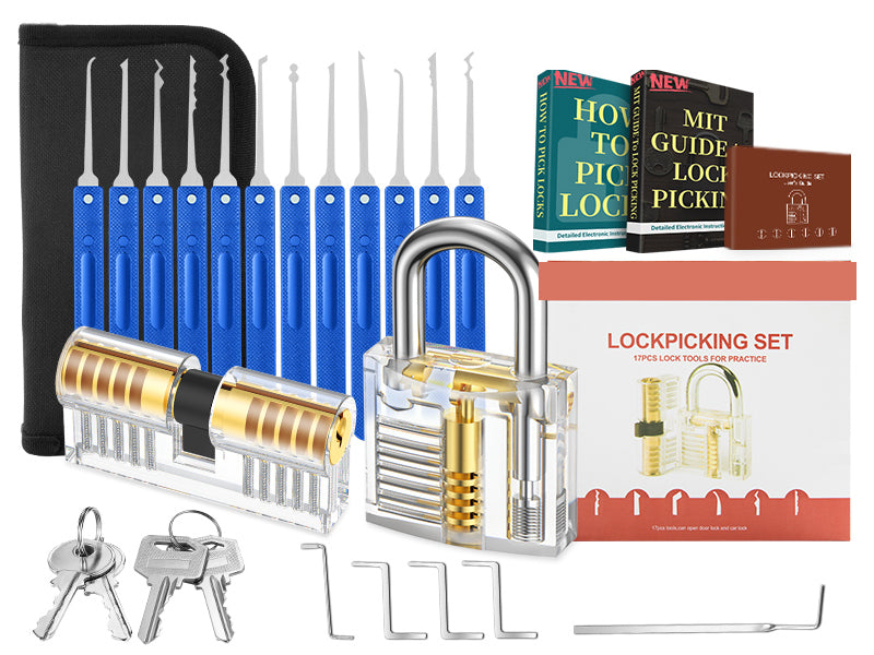 Starter 17 + 2 Kit image showing the blue-handled tools, two transparent practice locks, keys and storage