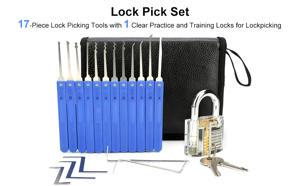 17-piece blue-handled lock pick set with a transparent practice lock and storage pouch