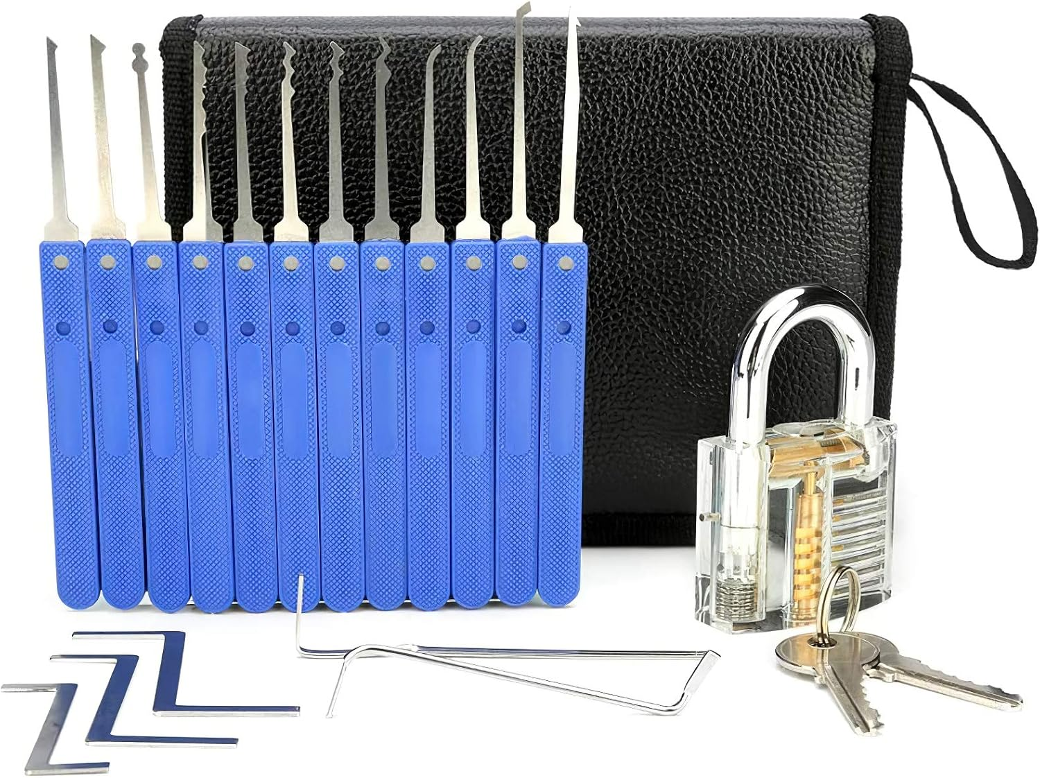 Blue-handled lock pick set with storage pouch and transparent practice lock