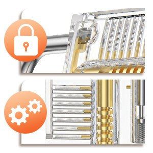 Close-up views of the transparent practice-lock mechanism