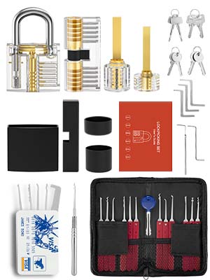 Studio kit assortment with burgundy-handled tools, four transparent practice locks, sleeves, keys and storage case