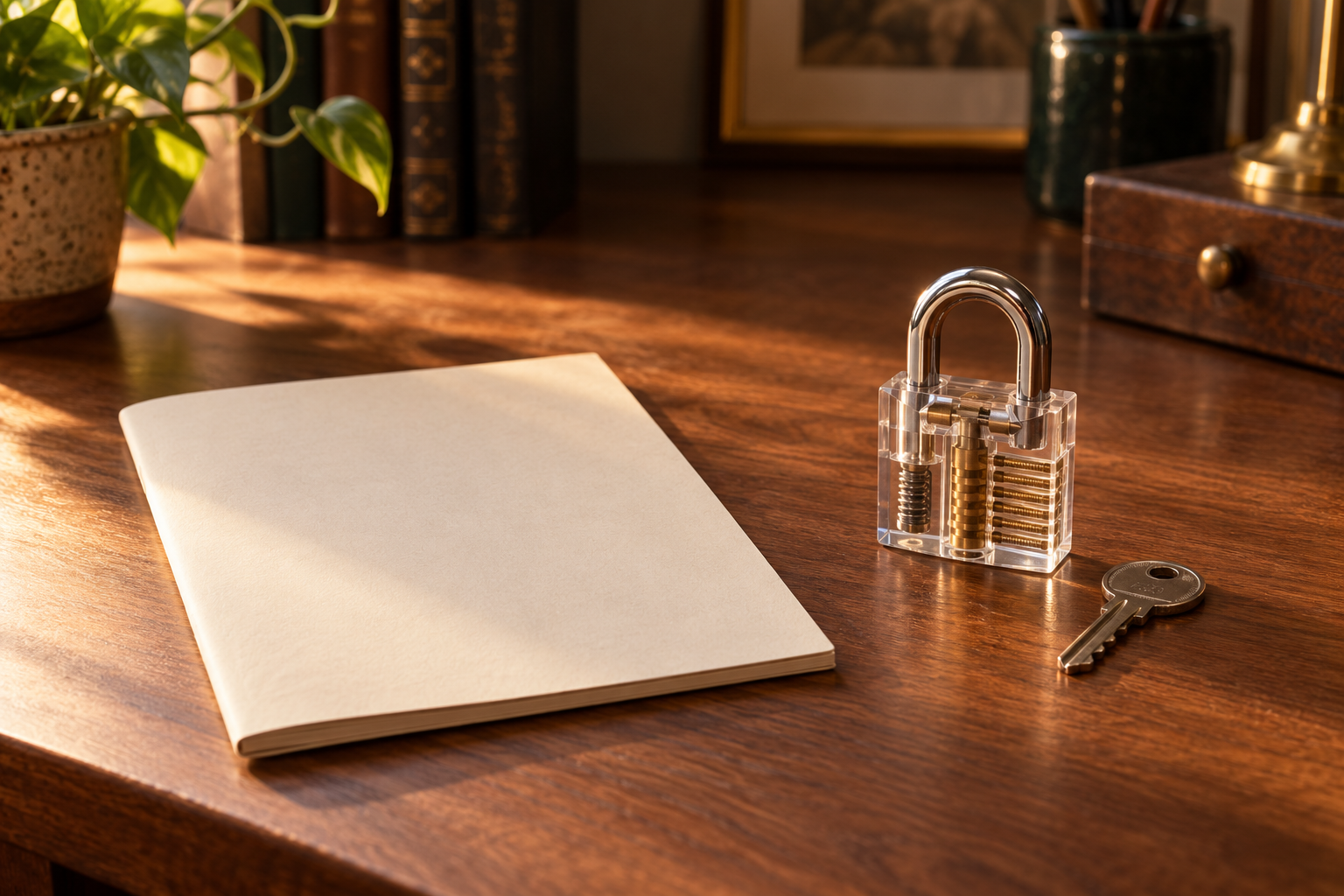 AI illustrative learning scene with closed transparent locks and separate keys