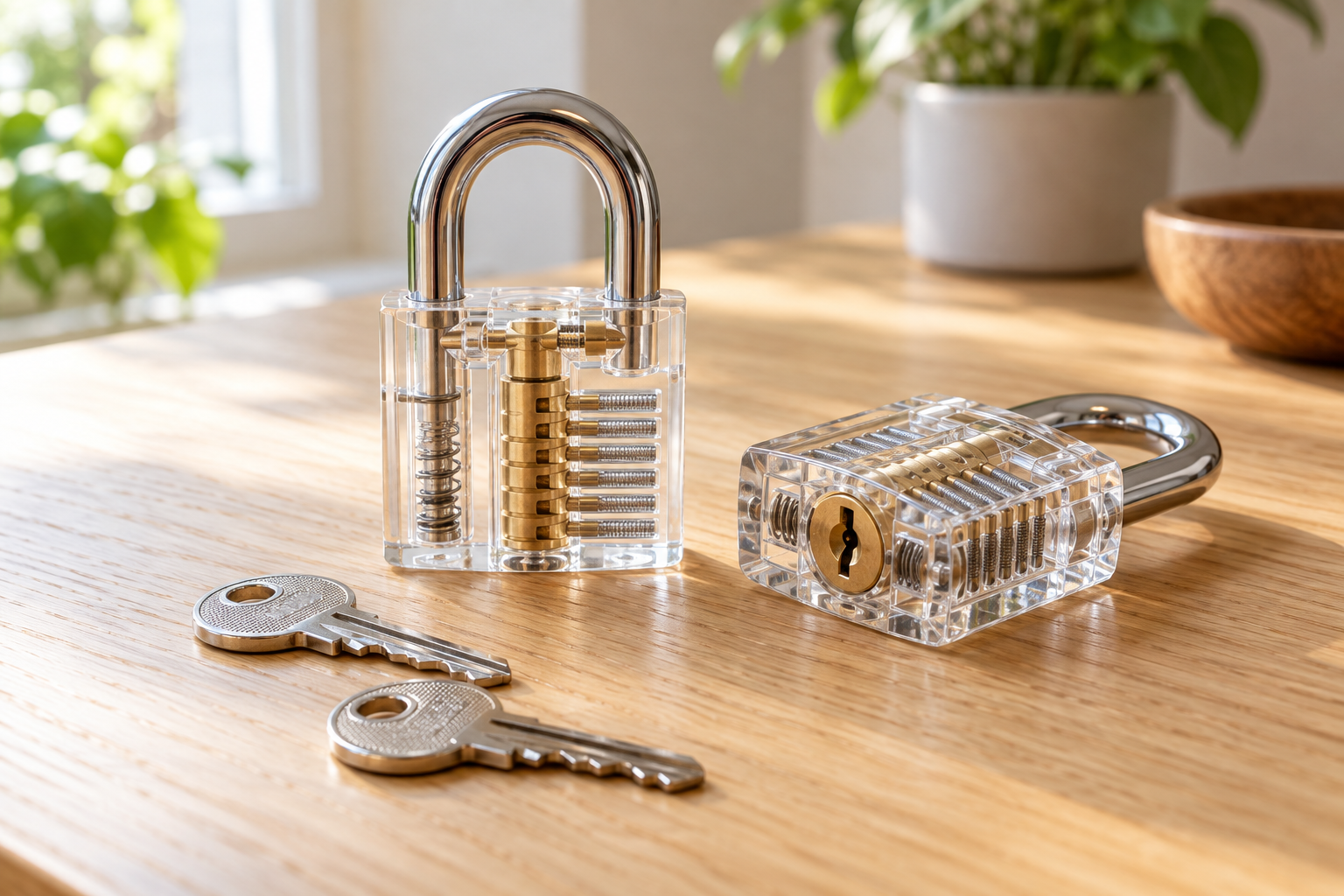 AI atmosphere illustration of practice locks and storage accessories; not an exact kit photograph