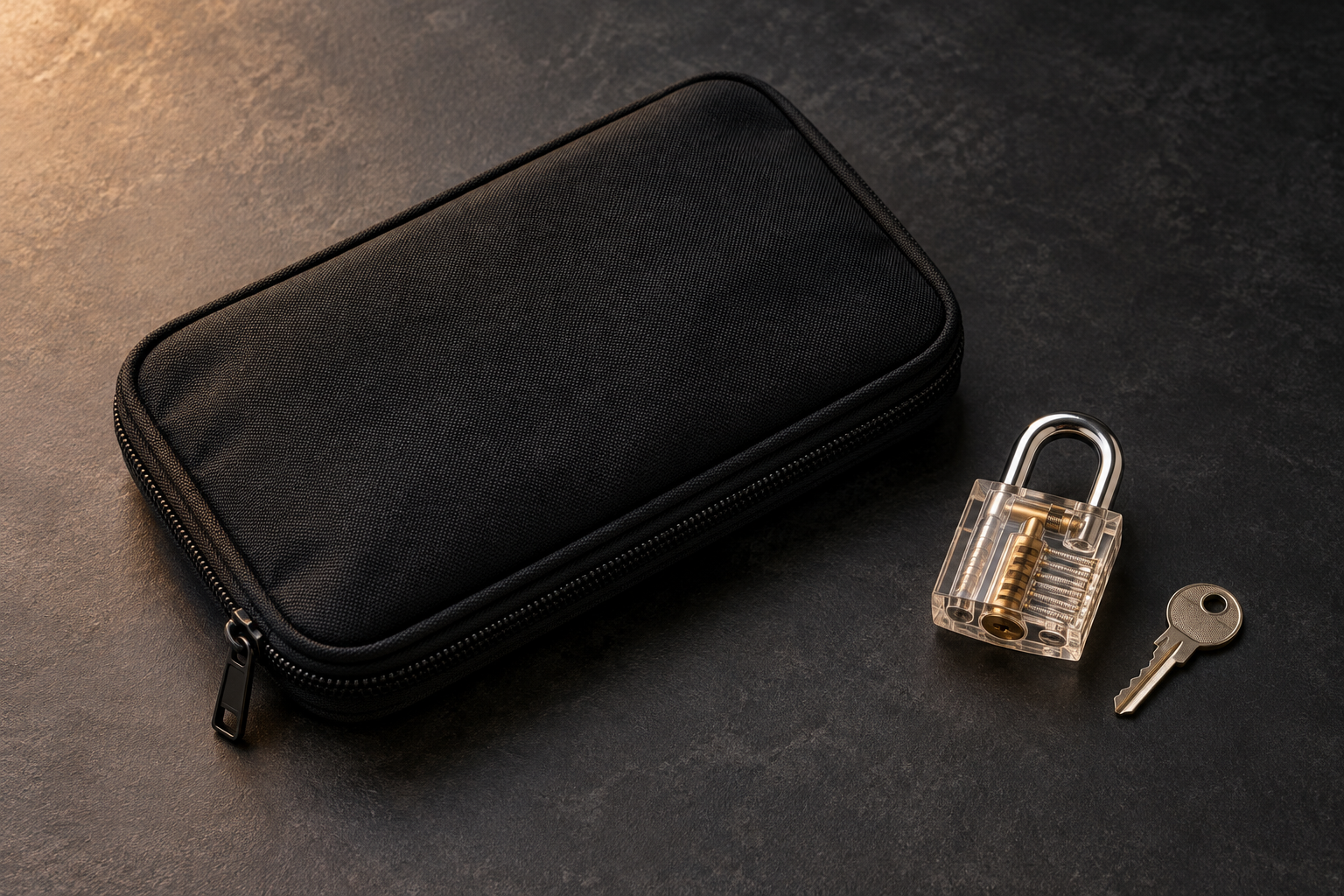 AI atmosphere illustration of practice locks and storage accessories; not an exact kit photograph