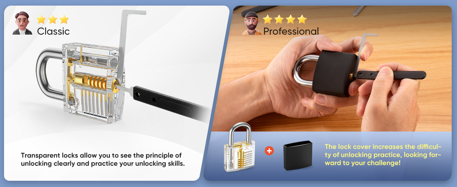 Transparent practice padlock shown without and with a black practice cover