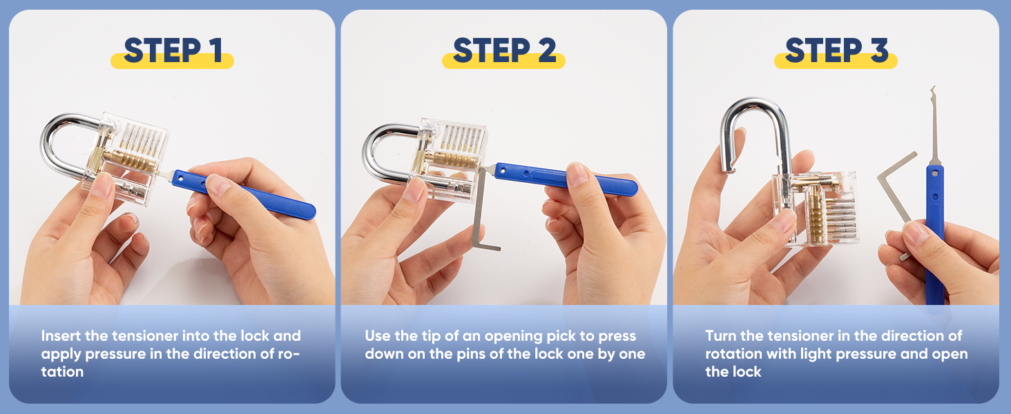 Three illustrated practice steps with blue-handled tools and a transparent padlock