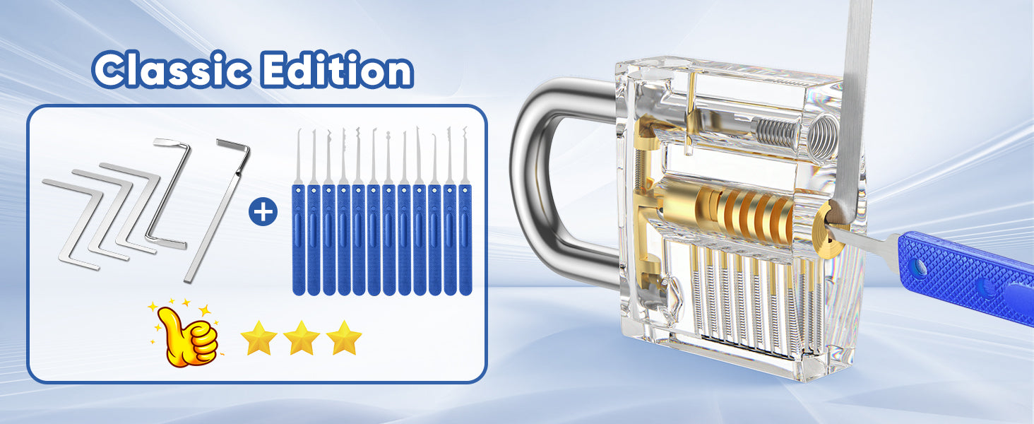Blue 17-tool set beside a transparent practice padlock and blue handled pick