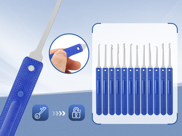Twelve blue handled picks with a close view of a textured grip