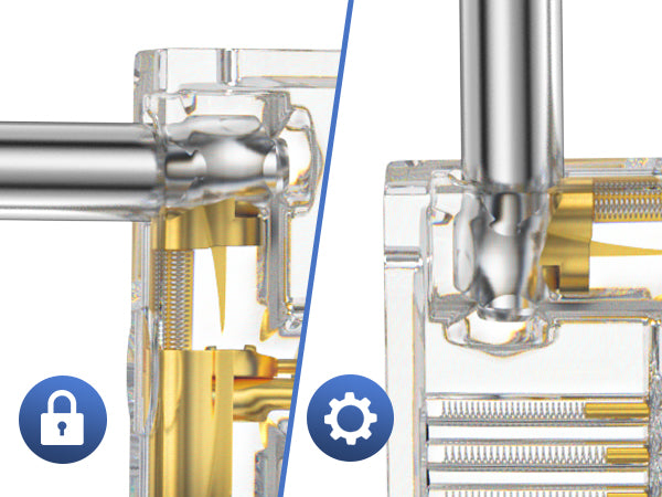 Close views of the visible pins and metal parts inside transparent practice locks