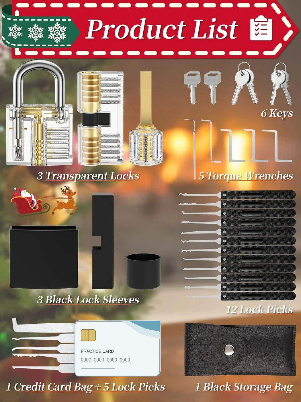 Leather Progression kit contents with three transparent practice locks, twelve handled picks, five tension tools, sleeves, keys, compact card-style tools and storage case